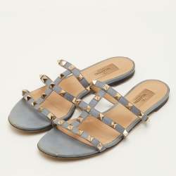 Pre Owned صندل مسطح فالنتينو مرصع روكستد جلد أزرق مقاس 37