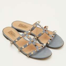 Pre Owned صندل مسطح فالنتينو مرصع روكستد جلد أزرق مقاس 37