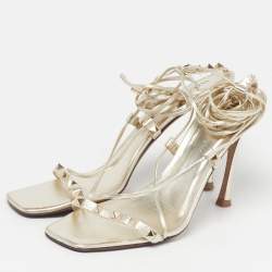 Pre Owned Valentino Rockstud Size 41 Gold Leather Ankle Tie Sandals