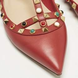 Pre Owned حذاء باليرينا فلات فالنتينو أحمر جلد مع حزام كاحل بمسامير مدلقة مقاس 39