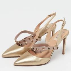 Pre Owned Valentino Rockstud Size 39 Gold Leather Slingback Pumps
