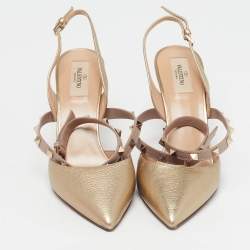 Pre Owned Valentino Rockstud Size 39 Gold Leather Slingback Pumps