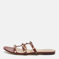 Pre Owned Valentino Rockstud Size 38 Burgundy Leather Flat Sandals
