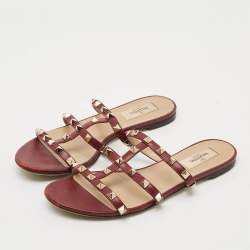 Pre Owned Valentino Rockstud Size 38 Burgundy Leather Flat Sandals