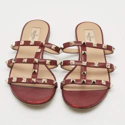 Pre Owned Valentino Rockstud Size 38 Burgundy Leather Flat Sandals