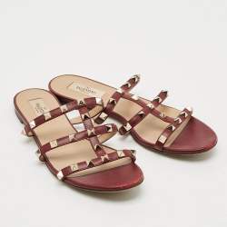Pre Owned Valentino Rockstud Size 38 Burgundy Leather Flat Sandals