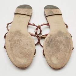 Pre Owned Valentino Rockstud Size 38 Burgundy Leather Flat Sandals