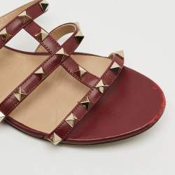 Pre Owned Valentino Rockstud Size 38 Burgundy Leather Flat Sandals