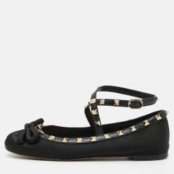 Pre Owned Valentino Rockstud Size 37.5 Black Leather Satin Ballet Flats
