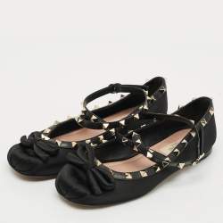 Pre Owned Valentino Rockstud Size 37.5 Black Leather Satin Ballet Flats