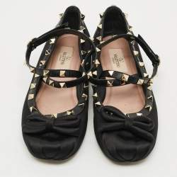 Pre Owned Valentino Rockstud Size 37.5 Black Leather Satin Ballet Flats