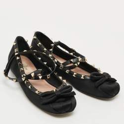 Pre Owned Valentino Rockstud Size 37.5 Black Leather Satin Ballet Flats