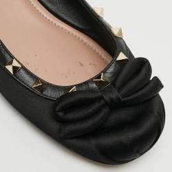 Pre Owned Valentino Rockstud Size 37.5 Black Leather Satin Ballet Flats