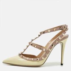 Pre Owned Valentino Rockstud Size 39.5 Cream/Beige Leather and Patent Leather Pumps