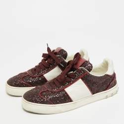 Pre Owned Valentino Fly Crew Size 38 Burgundy/White Glitter and Leather Lace Up Sneakers