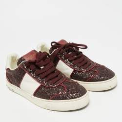 Pre Owned Valentino Fly Crew Size 38 Burgundy/White Glitter and Leather Lace Up Sneakers