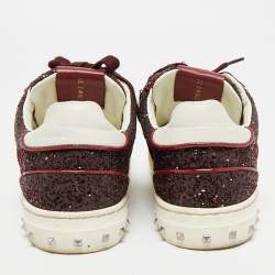Pre Owned Valentino Fly Crew Size 38 Burgundy/White Glitter and Leather Lace Up Sneakers