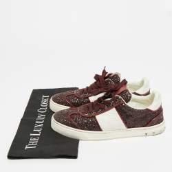 Pre Owned Valentino Fly Crew Size 38 Burgundy/White Glitter and Leather Lace Up Sneakers