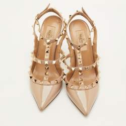 Pre Owned Valentino Rockstud Size 36.5 Beige Patent Leather Pointed Toe Ankle Strap Pumps