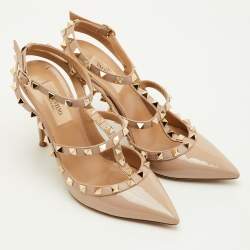 Pre Owned Valentino Rockstud Size 36.5 Beige Patent Leather Pointed Toe Ankle Strap Pumps