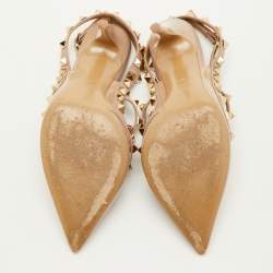 Pre Owned Valentino Rockstud Size 36.5 Beige Patent Leather Pointed Toe Ankle Strap Pumps