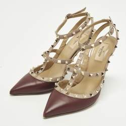 Pre Owned حذاء كعب عالي فالنتينو جلد وردي مزين مسامير قفصي مقاس 40