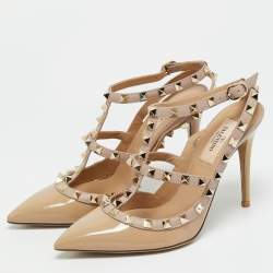 Pre Owned Valentino Rockstud Size 37.5 Beige Leather And Patent Ankle Strap Pumps