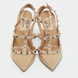 Pre Owned Valentino Rockstud Size 37.5 Beige Leather And Patent Ankle Strap Pumps