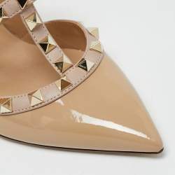 Pre Owned Valentino Rockstud Size 37.5 Beige Leather And Patent Ankle Strap Pumps