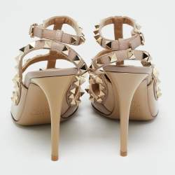 Pre Owned Valentino Rockstud Size 37.5 Beige Leather And Patent Ankle Strap Pumps