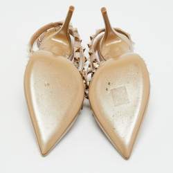 Pre Owned Valentino Rockstud Size 37.5 Beige Leather And Patent Ankle Strap Pumps