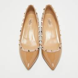 Pre Owned Valentino Rockstud Size 41 Beige/Pink Leather and Patent Leather Wedge Pumps