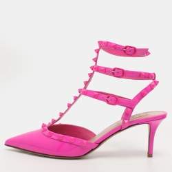 Pre Owned Valentino Rockstud Size 41 Neon Pink Patent Leather Ankle Strap Pumps 