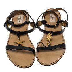 Pre Owned Valentino Black Leather Starfish and Seahorse Flat Sandals Size 40