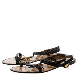 Pre Owned Valentino Black Leather Starfish and Seahorse Flat Sandals Size 40