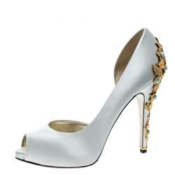 Pre Owned Valentino Grey Satin Crystal Embellished Jewel Heel Peep Toe D'orsay Pumps Size 41