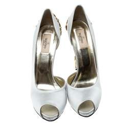 Pre Owned Valentino Grey Satin Crystal Embellished Jewel Heel Peep Toe D'orsay Pumps Size 41
