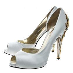 Pre Owned Valentino Grey Satin Crystal Embellished Jewel Heel Peep Toe D'orsay Pumps Size 41