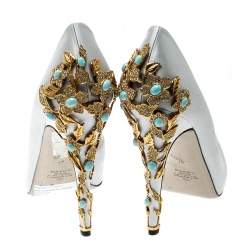 Pre Owned Valentino Grey Satin Crystal Embellished Jewel Heel Peep Toe D'orsay Pumps Size 41