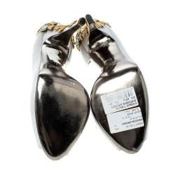 Pre Owned Valentino Grey Satin Crystal Embellished Jewel Heel Peep Toe D'orsay Pumps Size 41