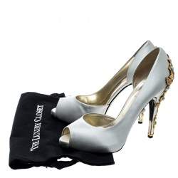Pre Owned Valentino Grey Satin Crystal Embellished Jewel Heel Peep Toe D'orsay Pumps Size 41