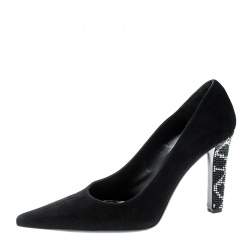 Pre Owned Valentino Black Suede Crystal Embellished Heel Pointed Toe Pumps Size 37.5