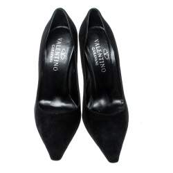 Pre Owned Valentino Black Suede Crystal Embellished Heel Pointed Toe Pumps Size 37.5