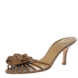 Pre Owned Valentino Brown Leather Flower Slides Sandals Size 40.5