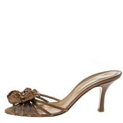 Pre Owned Valentino Brown Leather Flower Slides Sandals Size 40.5