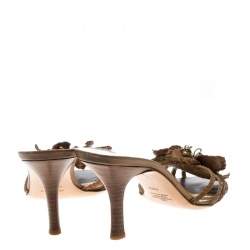 Pre Owned Valentino Brown Leather Flower Slides Sandals Size 40.5