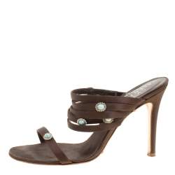Pre Owned Valentino Dark Brown Satin Strappy Slide Sandals Size 36.5