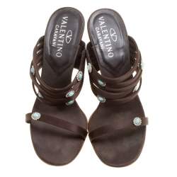 Pre Owned Valentino Dark Brown Satin Strappy Slide Sandals Size 36.5