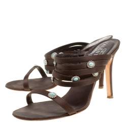 Pre Owned Valentino Dark Brown Satin Strappy Slide Sandals Size 36.5