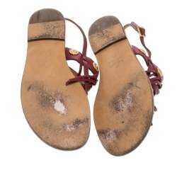 Valentino Maroon Leather Fringed Coin Detail Thong Sandals Size 37.5